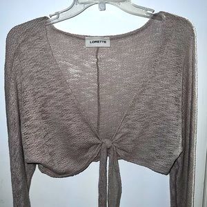 Taupe/Tan Front Tie Knot Long-sleeve Cropped Top